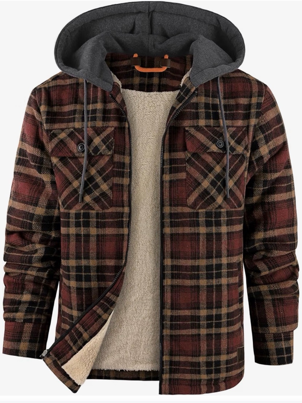 Men's Hooded Thick Brown  Plaid Jacket Flannel Snaps Sherpa Lined Fleece hood